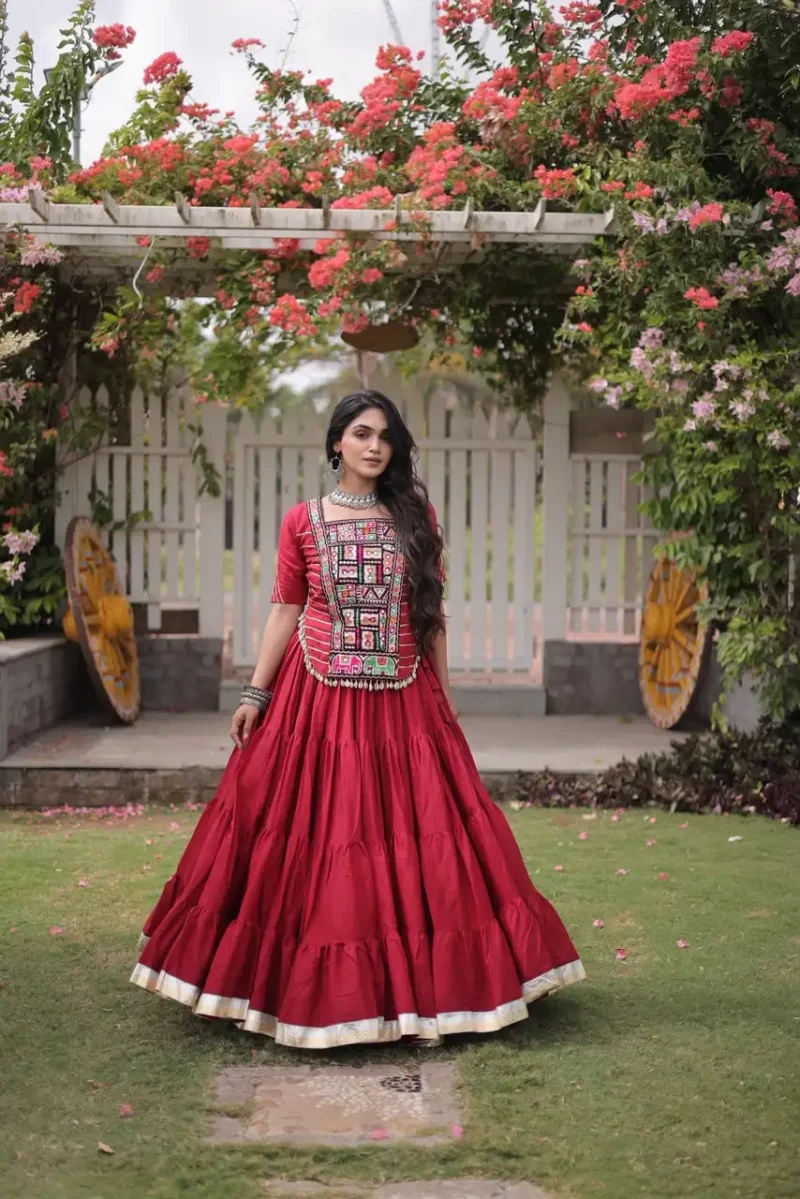 Red Kora Cotton Designer Navratri Lehenga with Kutchi Patchwork Blouse