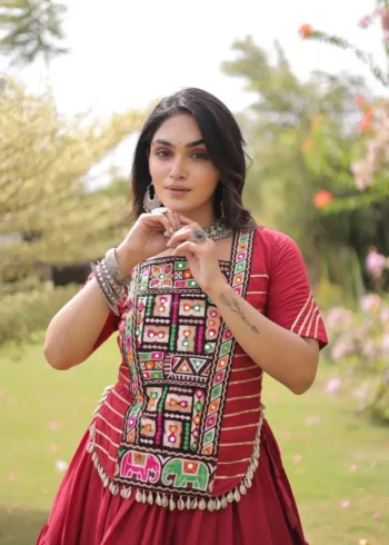Red Kora Cotton Designer Navratri Lehenga with Kutchi Patchwork Blouse close look