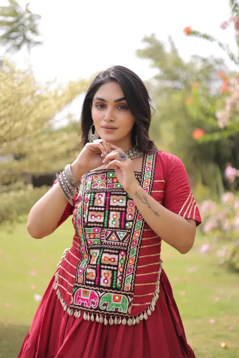 Red Kora Cotton Designer Navratri Lehenga with Kutchi Patchwork Blouse close look