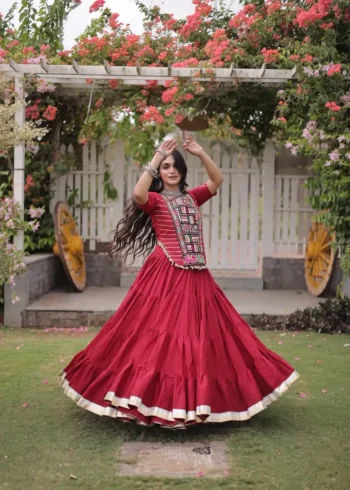 Red Kora Cotton Designer Navratri Lehenga with Kutchi Patchwork Blouse flair look