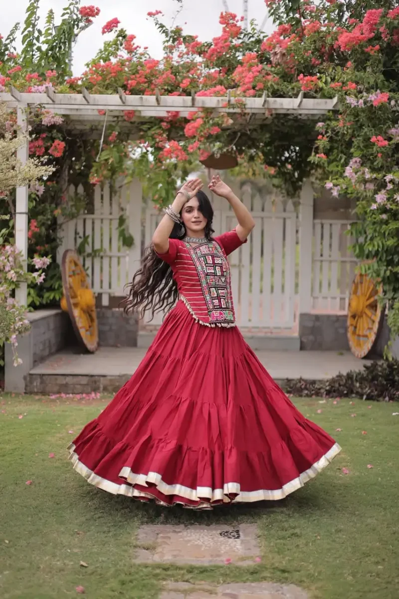 Red Kora Cotton Designer Navratri Lehenga with Kutchi Patchwork Blouse flair look