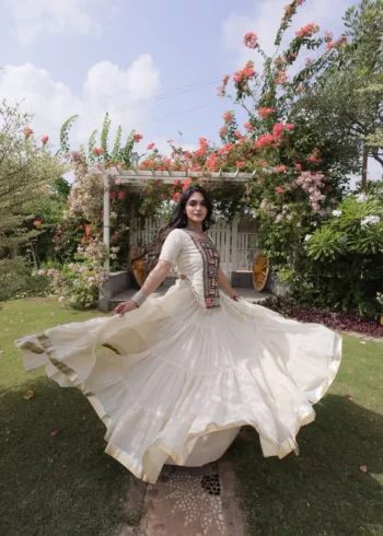 White Kora Cotton Designer Navratri Lehenga with Kutchi Patchwork Blouse full flair