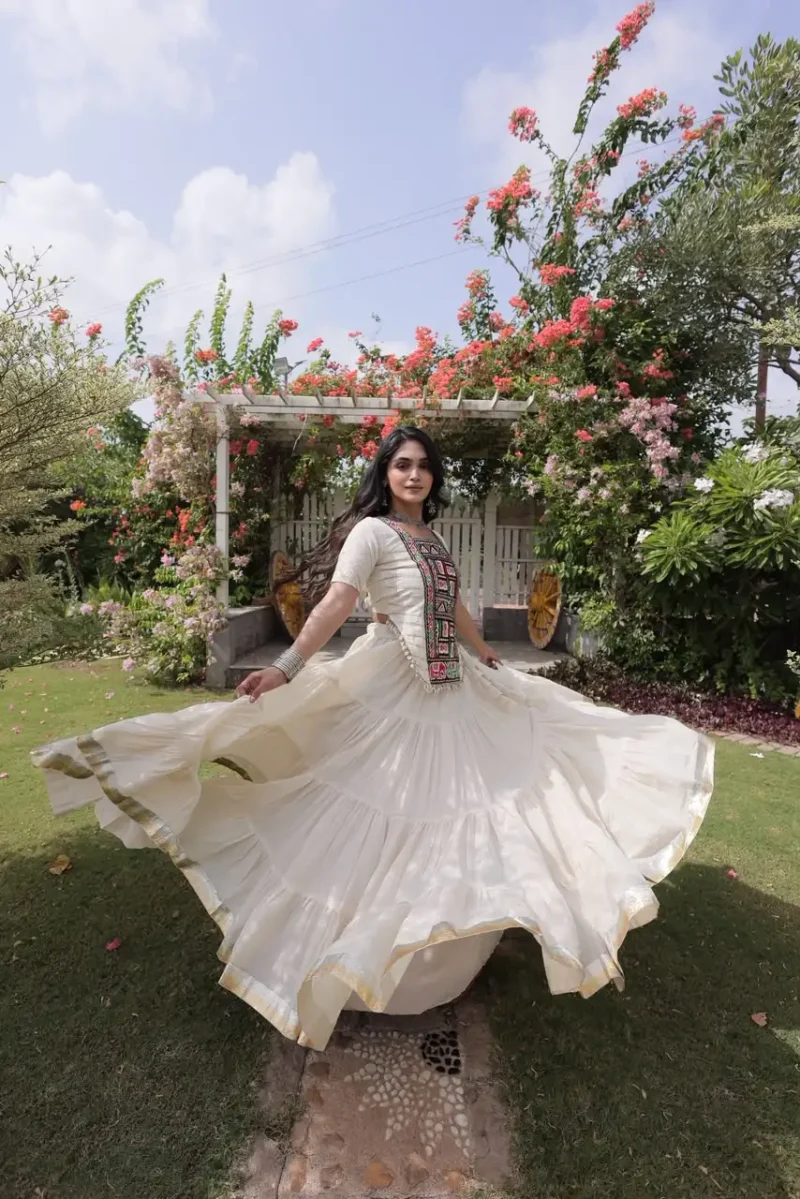 White Kora Cotton Designer Navratri Lehenga with Kutchi Patchwork Blouse full flair