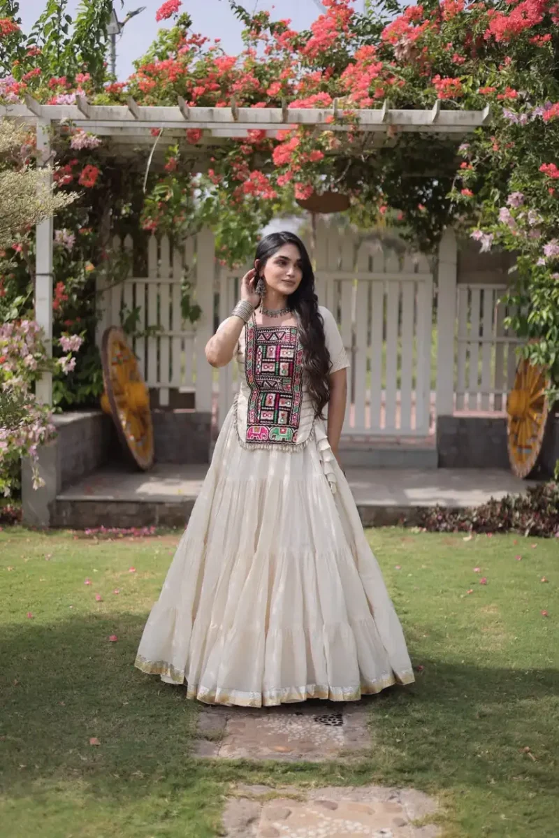 White Kora Cotton Designer Navratri Lehenga with Kutchi Patchwork Blouse front look