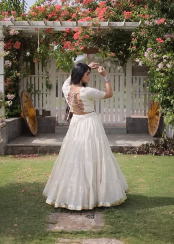 White Kora Cotton Designer Navratri Lehenga with Kutchi Patchwork Blouse back design