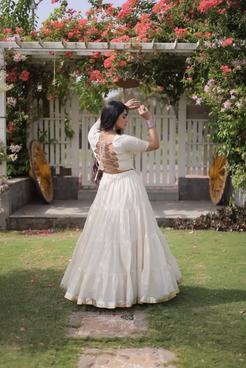White Kora Cotton Designer Navratri Lehenga with Kutchi Patchwork Blouse back design