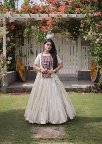 White Kora Cotton Designer Navratri Lehenga with Kutchi Patchwork Blouse