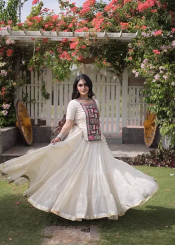 White Kora Cotton Designer Navratri Lehenga with Kutchi Patchwork Blouse flair look