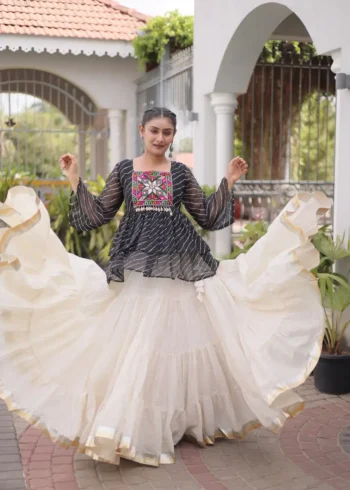 Black Kora Cotton Laheriya Print Navratri Lehenga with Kutchi Gamthi Work flair look