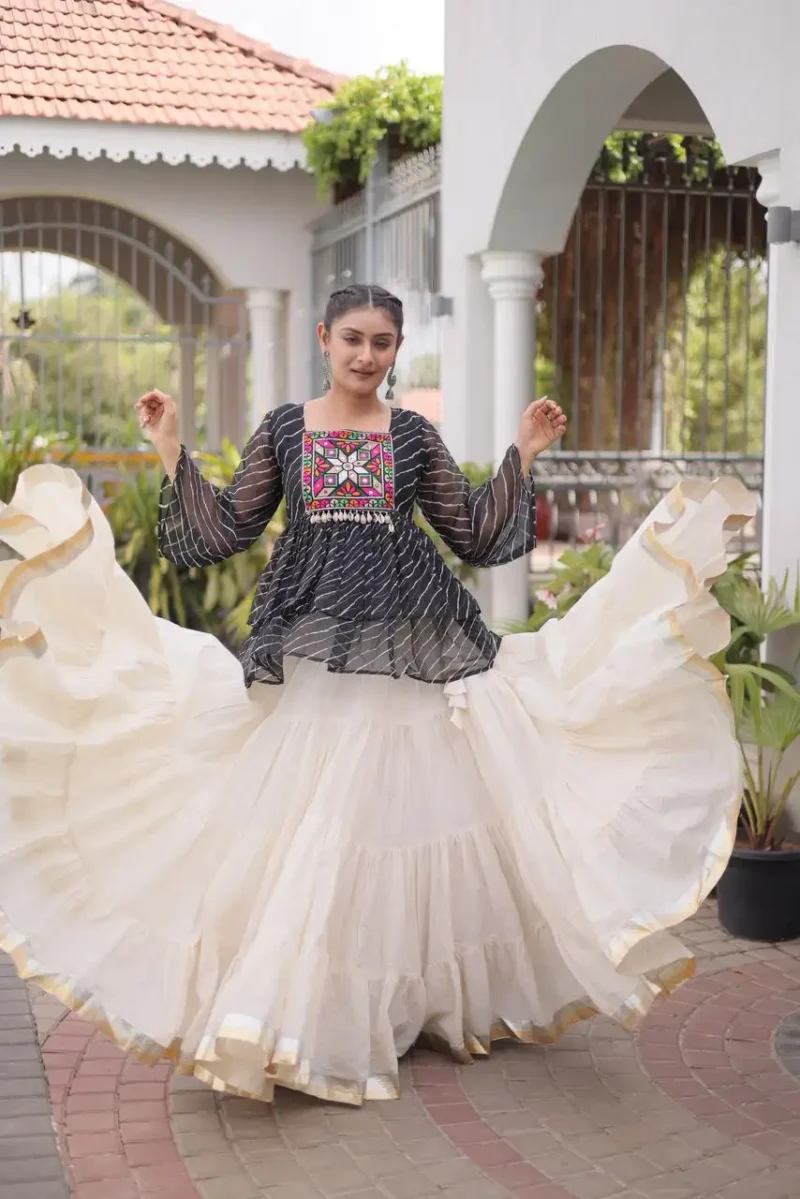 Black Kora Cotton Laheriya Print Navratri Lehenga with Kutchi Gamthi Work flair look