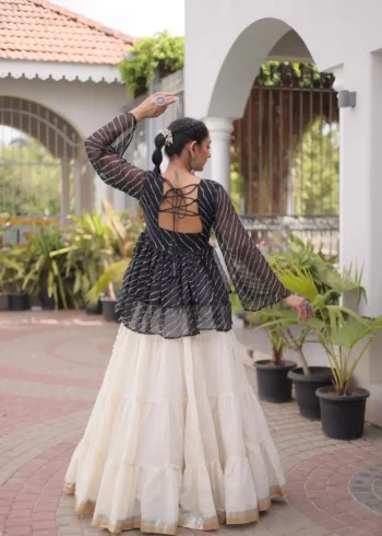 Black Kora Cotton Laheriya Print Navratri Lehenga with Kutchi Gamthi Work back side look