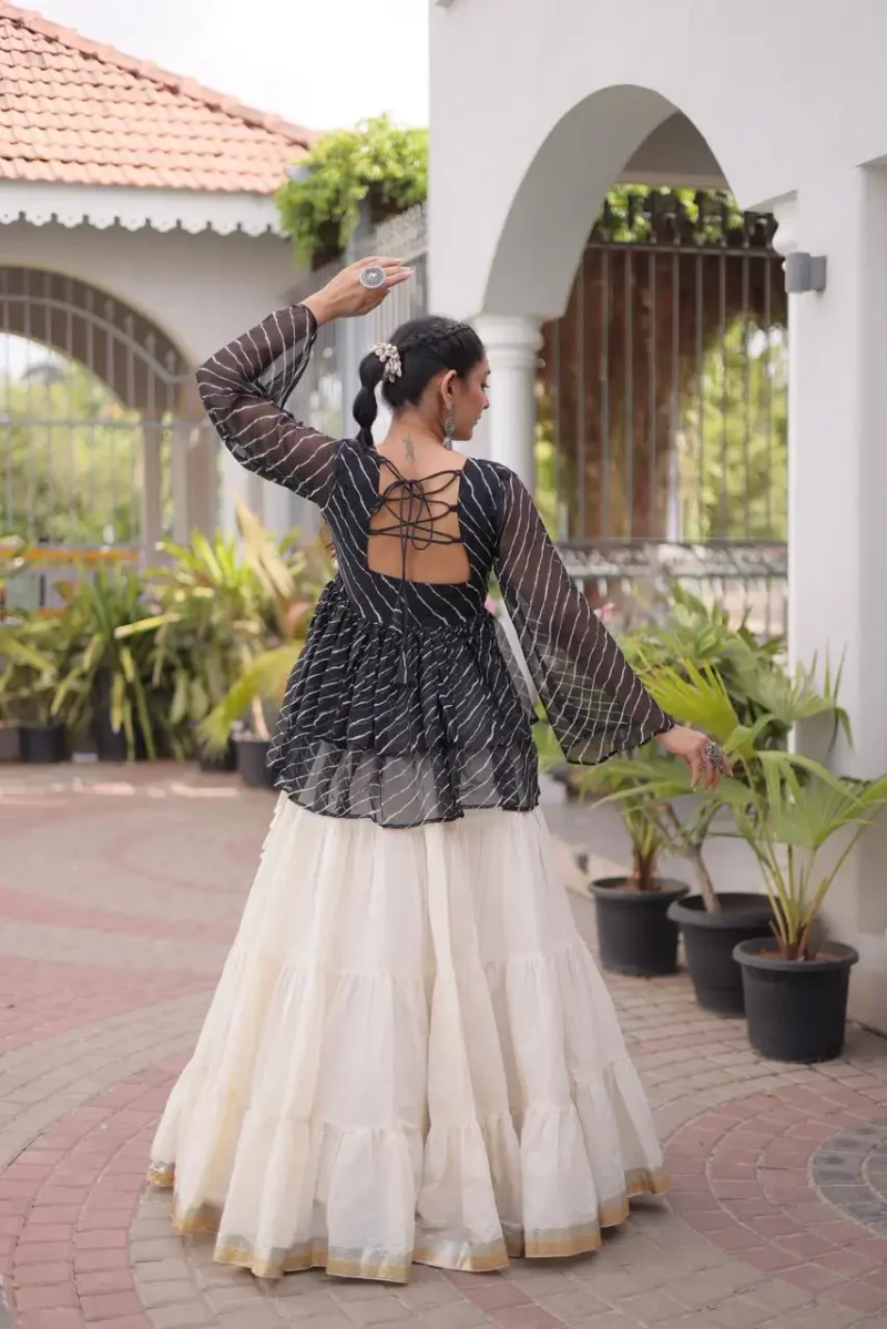 Black Kora Cotton Laheriya Print Navratri Lehenga with Kutchi Gamthi Work back side look