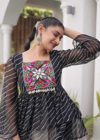 Black Kora Cotton Laheriya Print Navratri Lehenga with Kutchi Gamthi Work close look