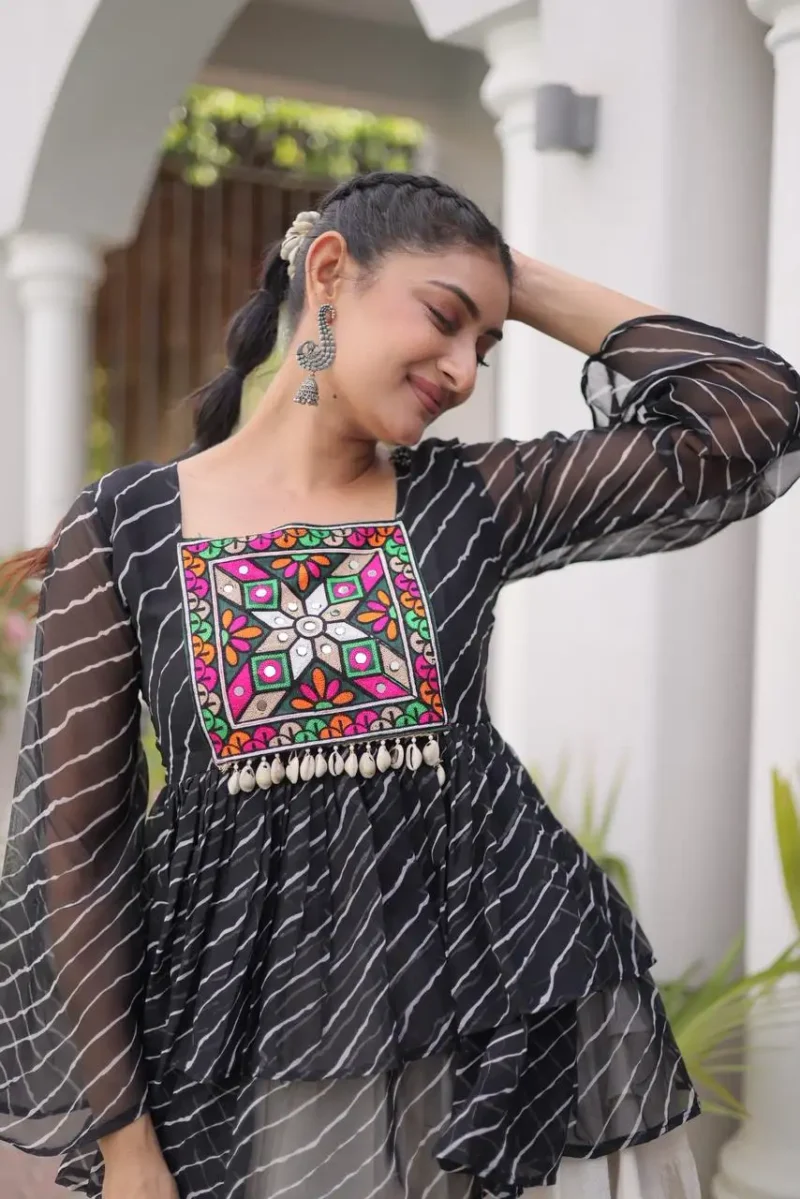 Black Kora Cotton Laheriya Print Navratri Lehenga with Kutchi Gamthi Work close look