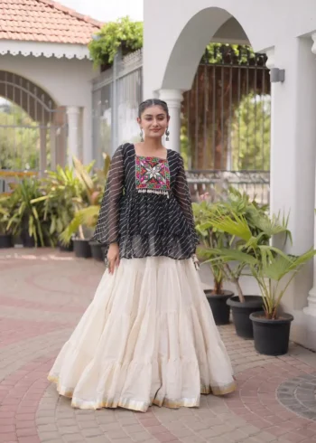 Black Kora Cotton Laheriya Print Navratri Lehenga with Kutchi Gamthi Work