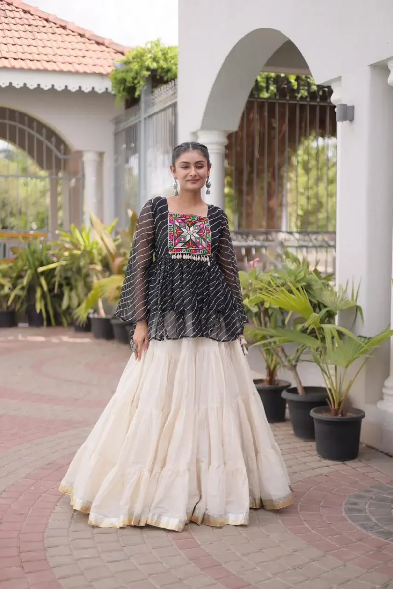Black Kora Cotton Laheriya Print Navratri Lehenga with Kutchi Gamthi Work