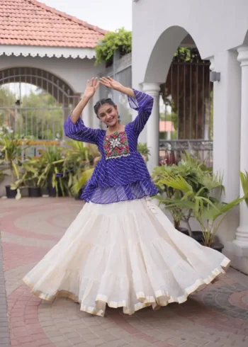 Blue Kora Cotton Laheriya Print Navratri Lehenga with Kutchi Gamthi Work flair look