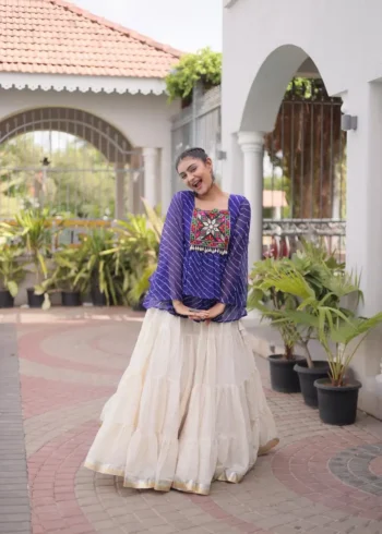 Blue Kora Cotton Laheriya Print Navratri Lehenga with Kutchi Gamthi Work