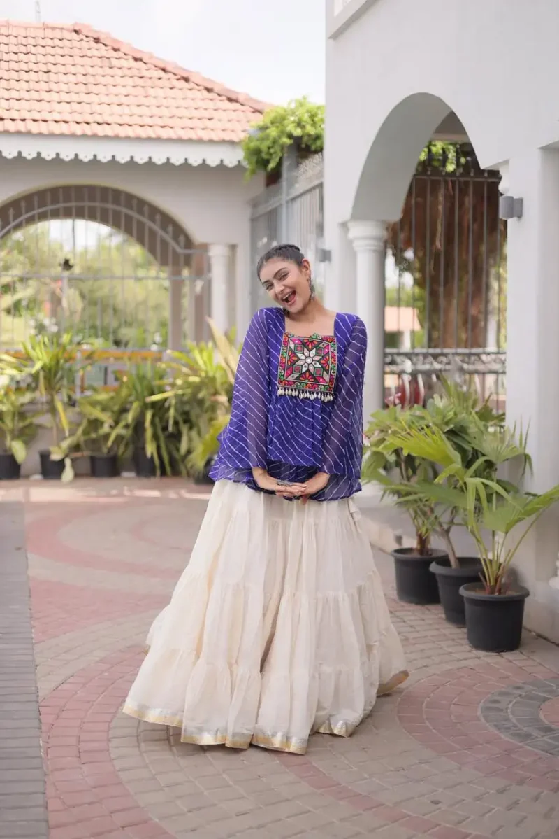 Blue Kora Cotton Laheriya Print Navratri Lehenga with Kutchi Gamthi Work