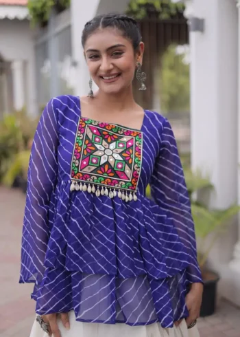 Blue Kora Cotton Laheriya Print Navratri Lehenga with Kutchi Gamthi Work close look