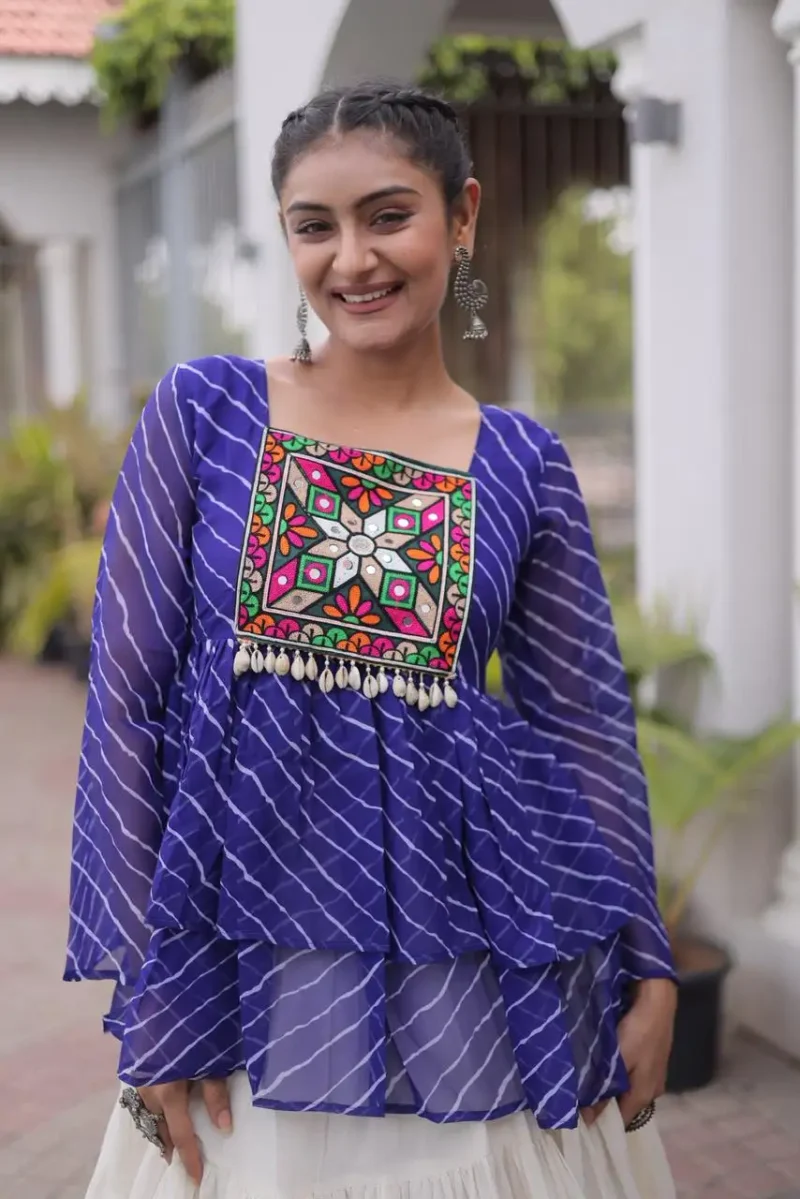 Blue Kora Cotton Laheriya Print Navratri Lehenga with Kutchi Gamthi Work close look