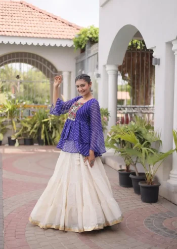 Blue Kora Cotton Laheriya Print Navratri Lehenga with Kutchi Gamthi Work side look
