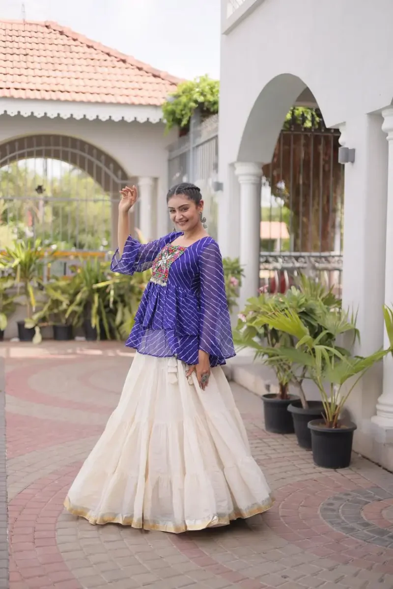 Blue Kora Cotton Laheriya Print Navratri Lehenga with Kutchi Gamthi Work side look