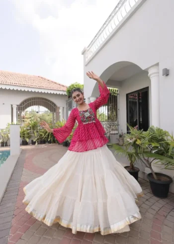Pink Kora Cotton Laheriya Print Navratri Lehenga with Kutchi Gamthi Work flair look
