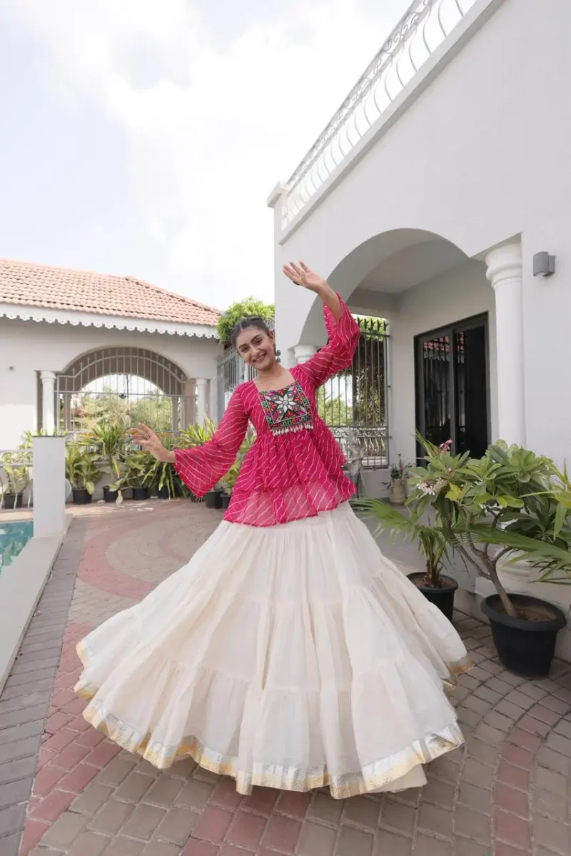Pink Kora Cotton Laheriya Print Navratri Lehenga with Kutchi Gamthi Work flair look