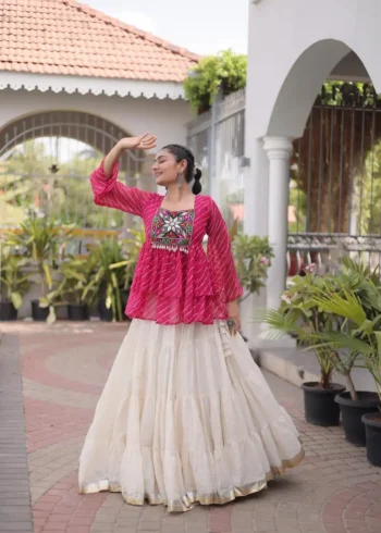 Pink Kora Cotton Laheriya Print Navratri Lehenga with Kutchi Gamthi Work front look