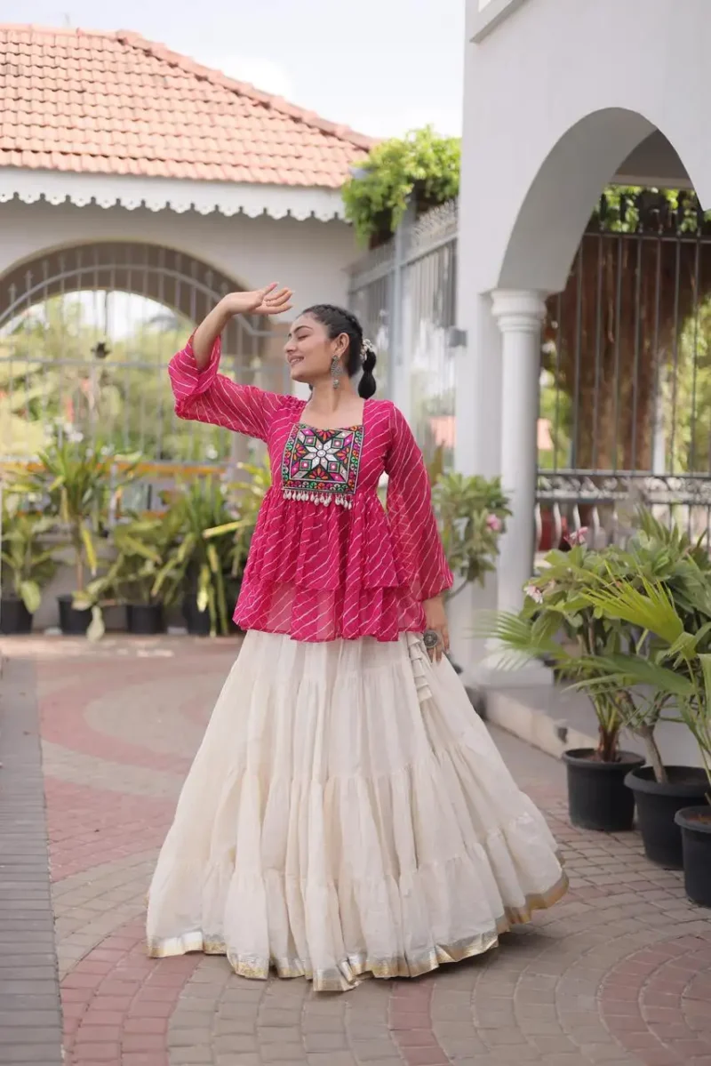 Pink Kora Cotton Laheriya Print Navratri Lehenga with Kutchi Gamthi Work front look