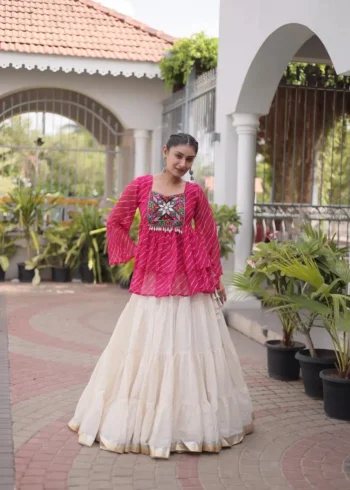 Pink Kora Cotton Laheriya Print Navratri Lehenga with Kutchi Gamthi Work
