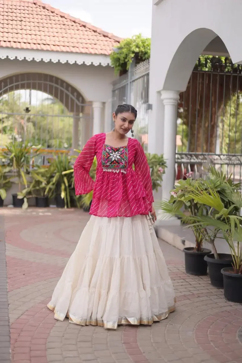 Pink Kora Cotton Laheriya Print Navratri Lehenga with Kutchi Gamthi Work