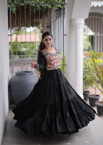 Black Colour Kutchi Gamthi Mirror Work Navratri Gown with 12 Meter full Flair look