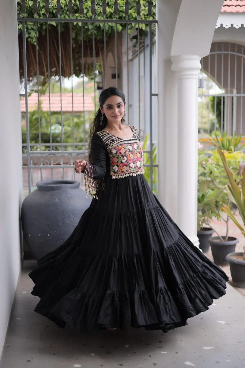 Black Colour Kutchi Gamthi Mirror Work Navratri Gown with 12 Meter full Flair look