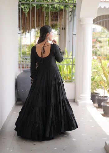 Black Colour Kutchi Gamthi Mirror Work Navratri Gown with 12 Meter Flair back design