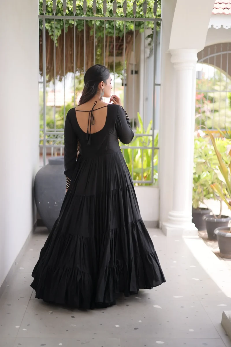 Black Colour Kutchi Gamthi Mirror Work Navratri Gown with 12 Meter Flair back design