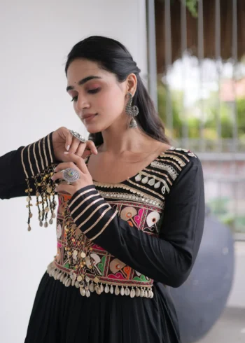 Black Colour Kutchi Gamthi Mirror Work Navratri Gown with 12 Meter Flair top close look