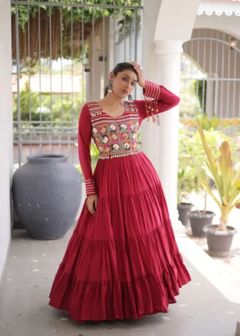 Maroon Colour Kutchi Gamthi Mirror Work Navratri Gown with 12 Meter Flair front look