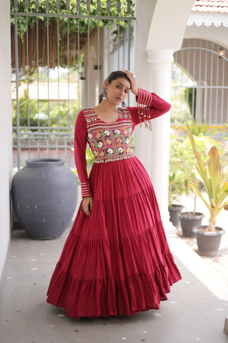 Maroon Colour Kutchi Gamthi Mirror Work Navratri Gown with 12 Meter Flair front look