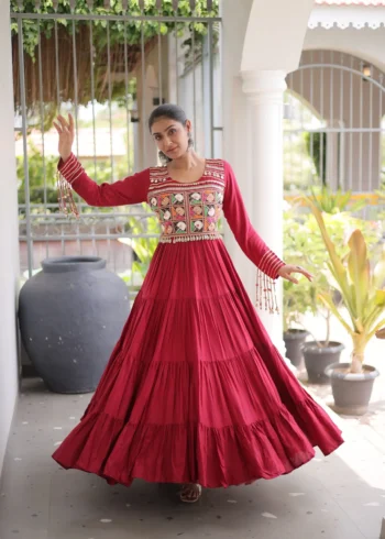 Maroon Colour Kutchi Gamthi Mirror Work Navratri Gown with 12 Meter Flair look