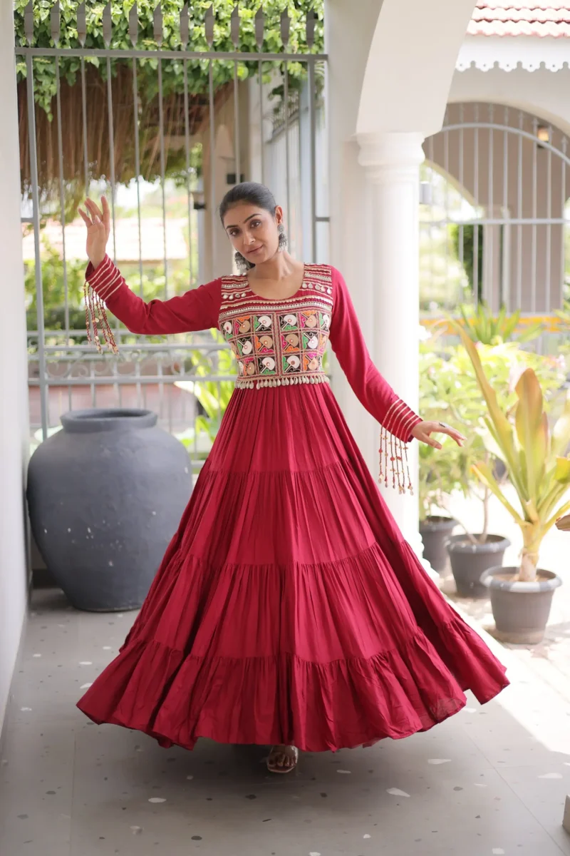 Maroon Colour Kutchi Gamthi Mirror Work Navratri Gown with 12 Meter Flair look