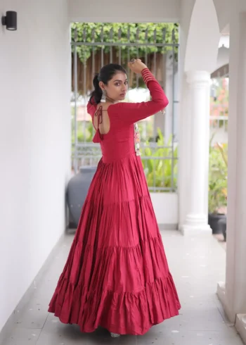 Maroon Colour Kutchi Gamthi Mirror Work Navratri Gown with 12 Meter Flair back