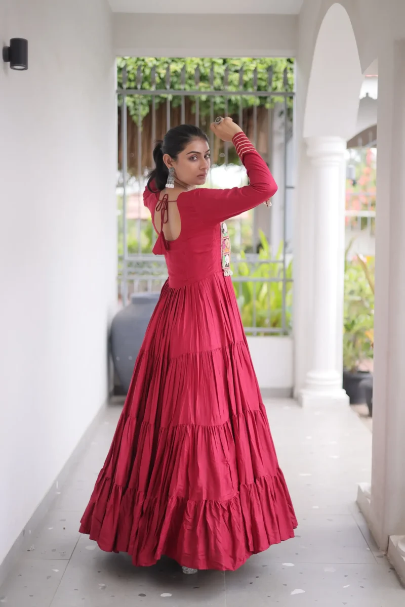 Maroon Colour Kutchi Gamthi Mirror Work Navratri Gown with 12 Meter Flair back