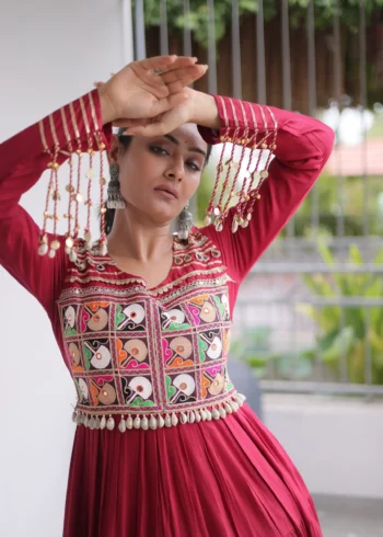 Maroon Colour Kutchi Gamthi Mirror Work Navratri Gown with 12 Meter Flair close