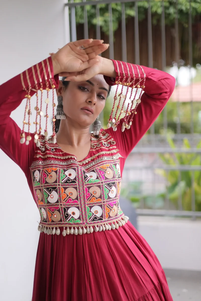 Maroon Colour Kutchi Gamthi Mirror Work Navratri Gown with 12 Meter Flair close