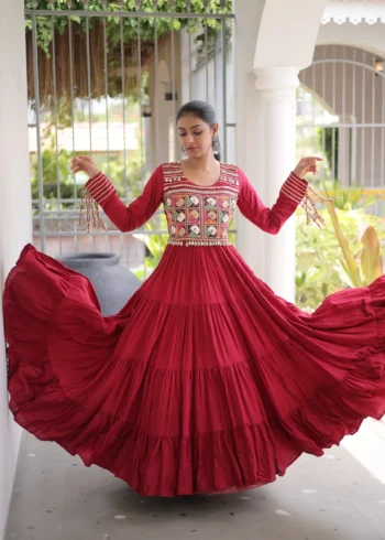 Maroon Colour Kutchi Gamthi Mirror Work Navratri Gown with 12 Meter Full Flair