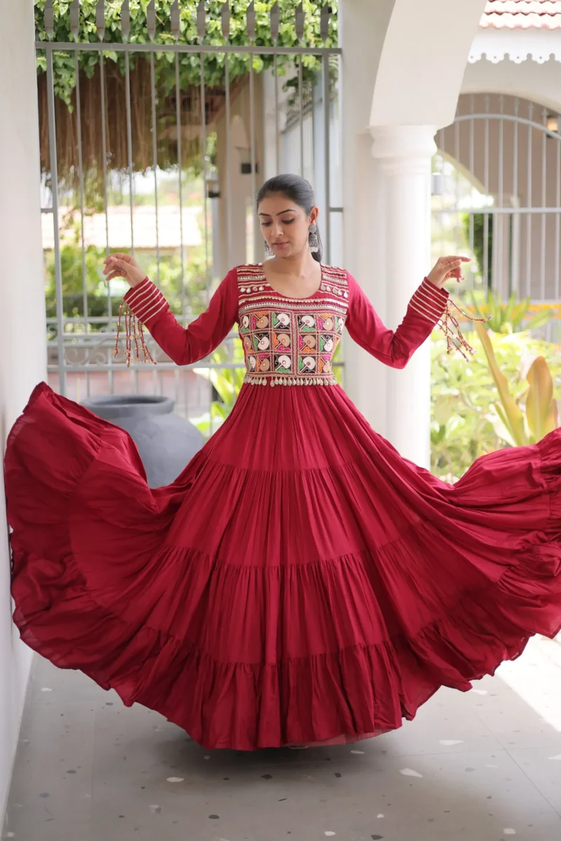 Maroon Colour Kutchi Gamthi Mirror Work Navratri Gown with 12 Meter Full Flair