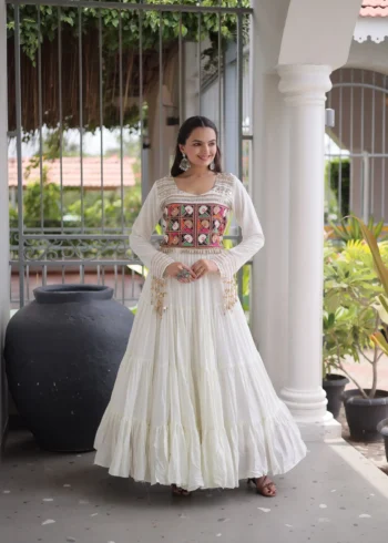 White Colour Kutchi Gamthi Mirror Work Navratri Gown with 12 Meter Flair front look