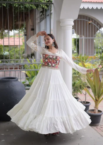 White Colour Kutchi Gamthi Mirror Work Navratri Gown with 12 Meter full Flair